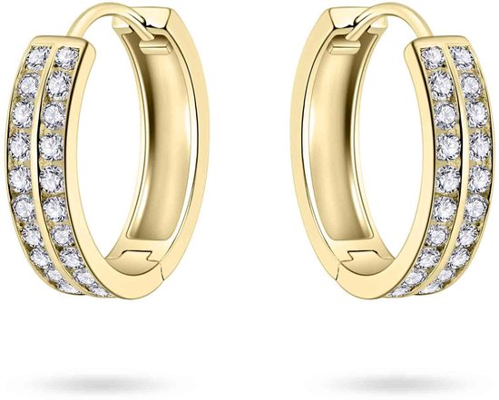 Jewels Inc. - Oorbellen - Oorringen met Scharnier - 2 Baan Rail gezet met Zirkonia - 3mm Breed - 15mmØ - 14 Karaat Geelgoud