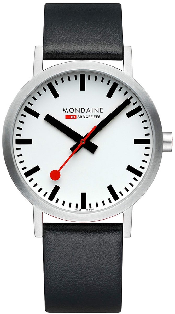 Mondaine M660.30360.16SBB Classic Heren Horloge - Stationsklok - Mineraalglas - Roestvrijstaal-Leer - Wit-Zilver-Zwart - Ø 40 mm - Quartz - Gesp