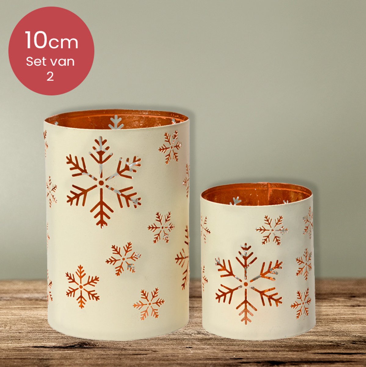 Wit met gouden ijzeren waxinelichthouders met sneeuwvlokken - Duo pack - Ø10 x 15 cm / Ø7,5 x 10cm - kerstdecoratie - kerst - luxe theelichthouder - voor kaarsjes