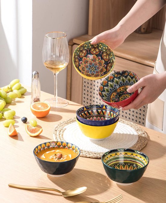 TULEBOLIAN 6 stuks keramische rijstkommen, keramische kleine kommen dessertkom, granen kommen, gelukskat patroon, serveerschaal geschenkset, schattige kom, 10 oz/300ml, voor havermout, ijs, salades