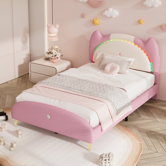 Foto: Sweiko kinderbed kussen bed wieg met houten strips massief hout en ijzeren frame led strepen zacht spons pu leermateriaal beige roze 90x200cm eenpersoonsbed wieg zonder matras 