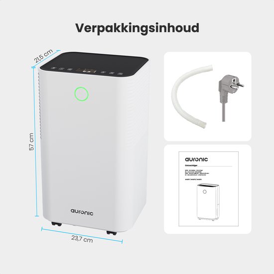 Witte Auronic luchtontvochtiger met afmetingen 57 x 23,7 x 21,5 cm, samen met een slang en handleiding.