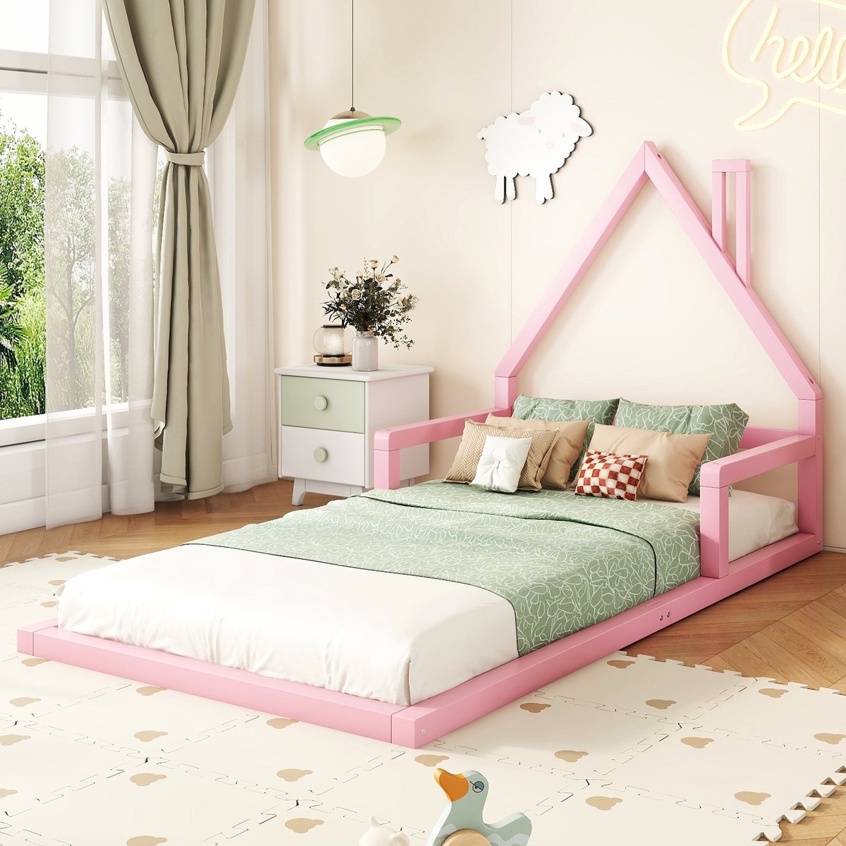 Gutent Kinderbed, Roze (Zonder matras), 90x200 cm, Plat bed, Huisvorm, Massief grenen, eenvoudige vorm, adolescentenbedden