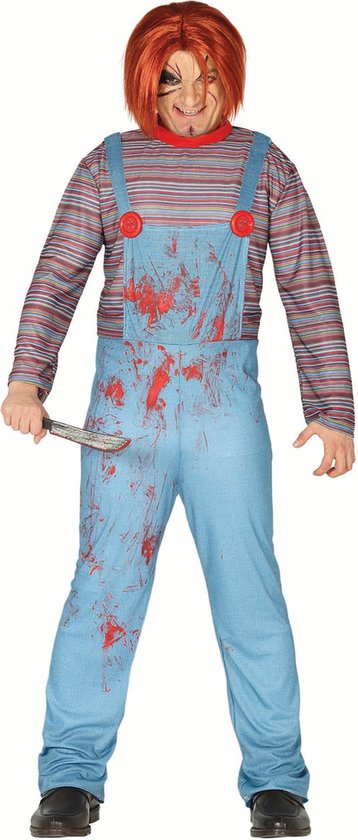 Geklede pop kostuum met gestreept shirt en blauwe tuinbroek met rode bloedspatten en mes in hand.