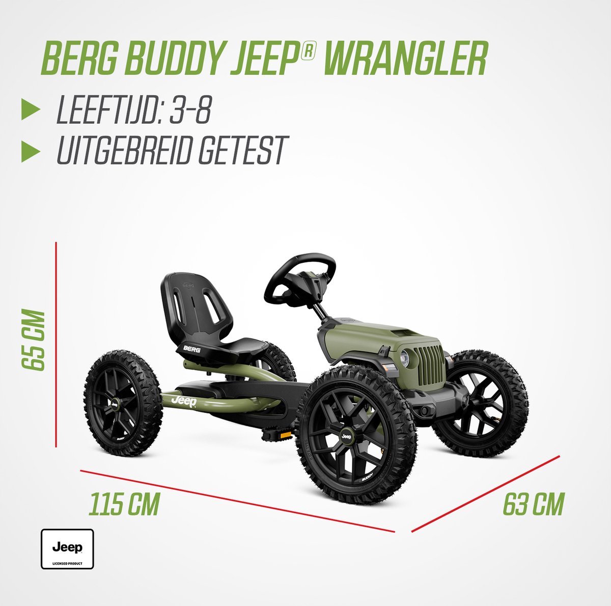 BERG Buddy Jeep® Wrangler Skelter - 3+ Jaar - Verstelbare Stoel - Vrijloopautomaat - Officieel licentiemodel - Groen — afbeelding 4