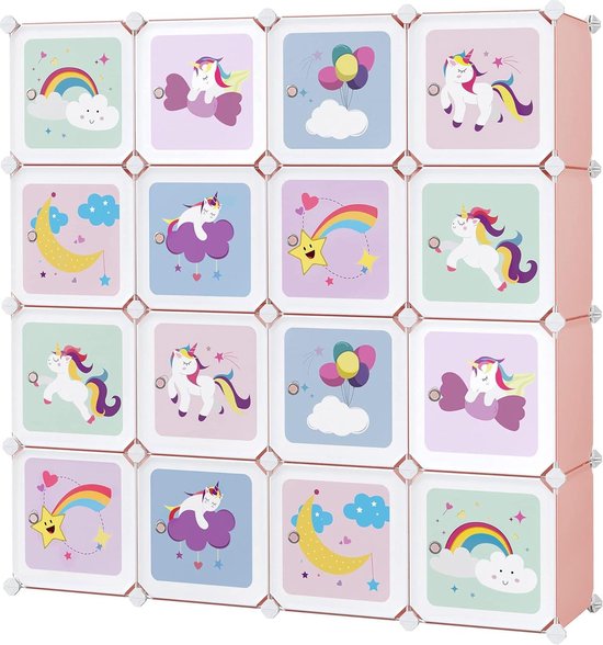 SONGMICS Reksysteem met 16 kubussen, opbergkast voor kinderen, kledingkast met deuren, schoenenrek van kunststof, steekrek, multifunctioneel, schoenen, speelgoed, 123 x 31 x 123 cm, roze LPC906P01