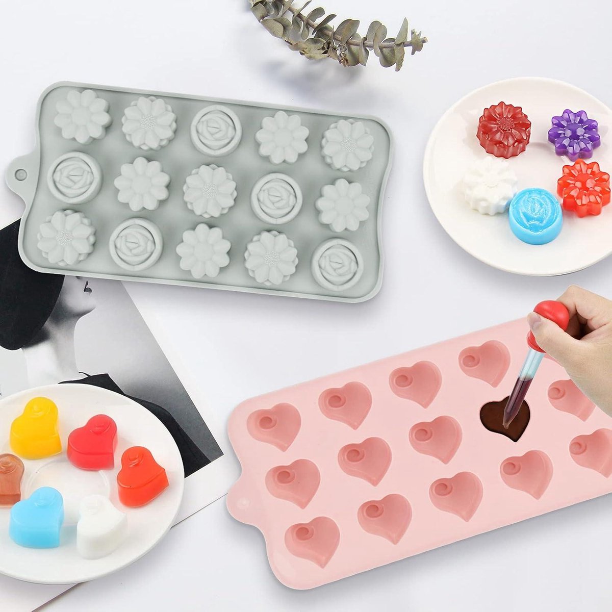 ENBRWAS Hart siliconen mallen 2-Pack - Anti-aanbak Food-Grade Chocolade & Candy Mallen voor Valentijnsdag, Wax Melts, Ice Cubes, Gummy & DIY Crafts