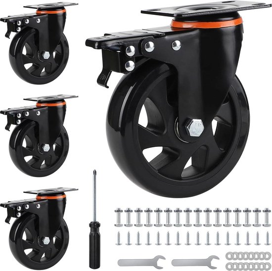Heavy Duty 125 mm Zwenkwielen Met Rem - Set van 4 - Meubelwielen