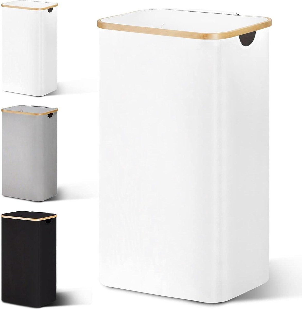 Goedkoopste Wasmand 85 liter met deksel - wasverzamelaar - smal - waszak - opvouwbaar - hout bamboe - hoge - wit