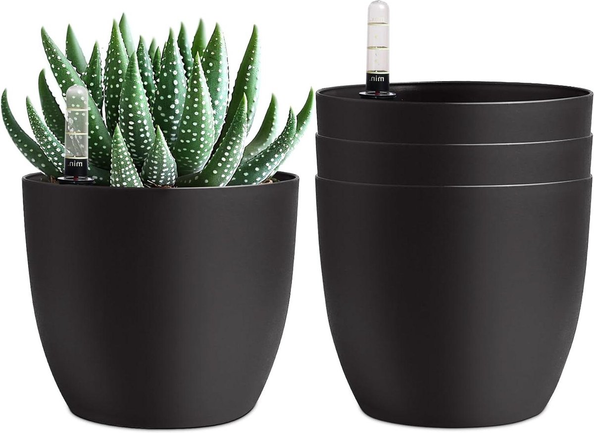 Zelfwatergevende bloempot 15 cm met waterindicator- zwart- set van 4 - waterreservoir - plantenbak binnen en buiten - plantenpot met hydratiesysteem