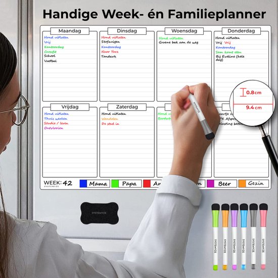 Man en vrouw schrijven op een magnetische week- en familieplanner op een koelkast.