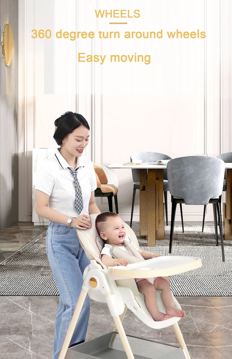 RM Store® - Baby Eetstoel - 2-in-1 Baby Eetstoel & Voederstoel - Voedingsstoel Met Wielen - Hoge Baby Stoel - Met Tafel - Verstelbare Hoge Stoel - Wit - 55x85x103 cm. – foto 5