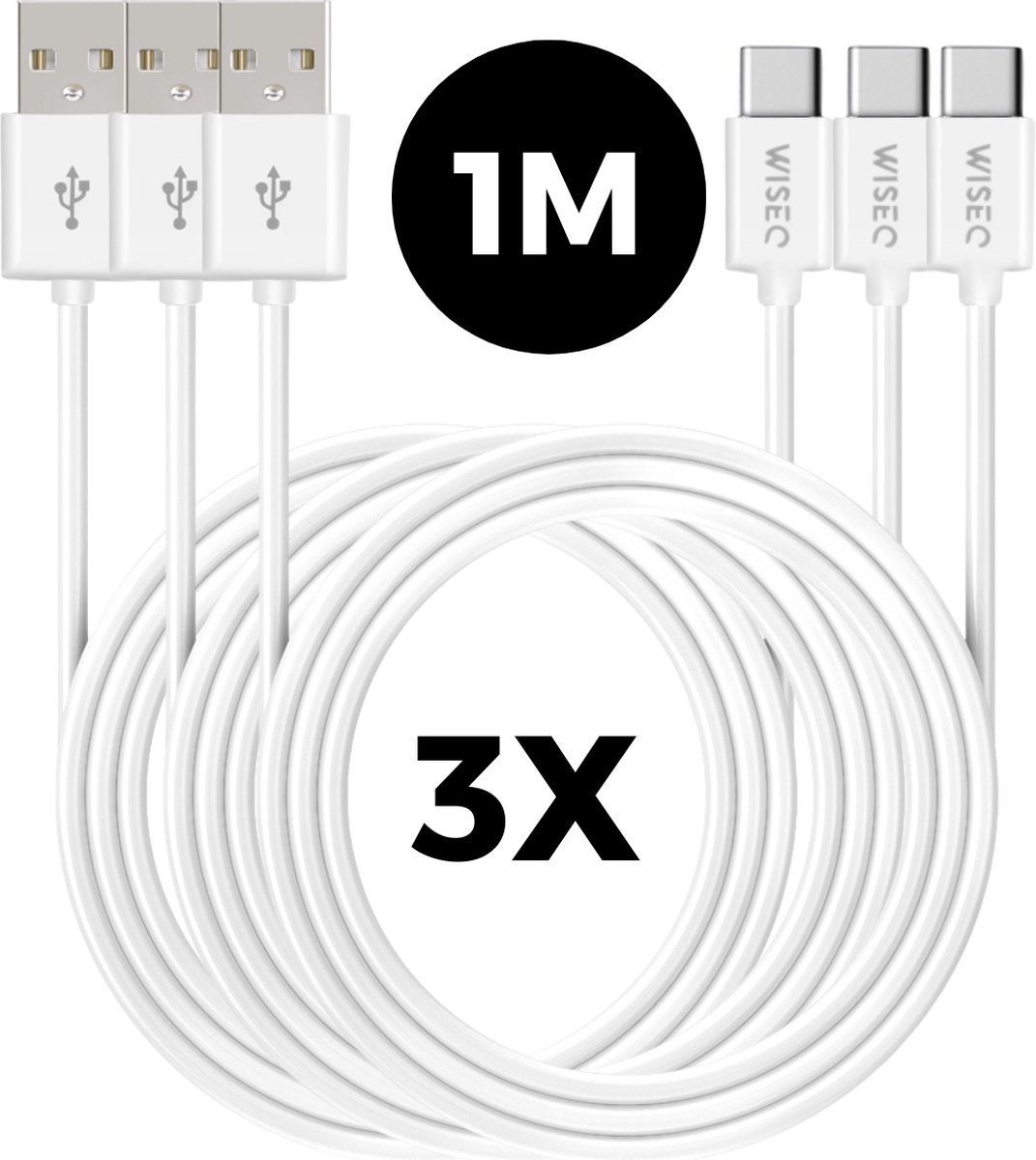 Image of 3x USB naar USB C Oplaad- en Datakabels – 1 Meter - 3 stuks - Wit - USB C Kabel - usb-c kabels - Geschikt voor Samsung, iPhone 17, iPhone 16 en iPhone 15