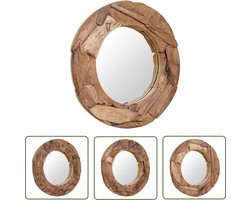 The Living Store Decoratieve spiegel rond 80 cm teakhout - Tweedehands Meubelen - Vintage Spiegel - Houten Spiegel - Landelijke Spiegel - Wanddecoratie