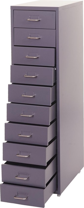 Donkergrijze stalen ladekast met 10 laden en zilverkleurige handgrepen, 110x28x41cm.
