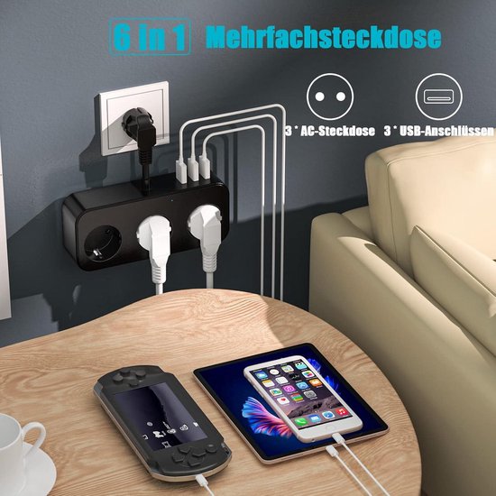 TESSAN Meervoudig USB-stopcontact, meervoudige wandcontactdoos, kubus, 3 stopcontacten, met 3 USB-poorten, 6-in-1 stekkerdoos met schakelaar, wandcontactdoos, USB-oplader, voor thuis, kantoor, zwart