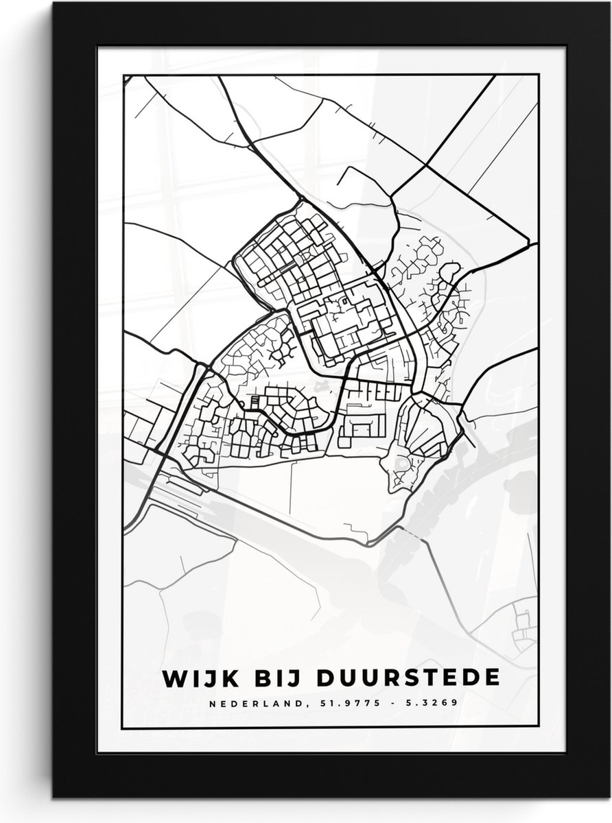 Poster in lijst - Fotolijst 20x30 cm - Posters - Kaart - Wijk bij Duurstede - Zwart - Wit - Posterlijst zwart - Decoratie - Wanddecoratie woonkamer - Muurdecoratie slaapkamer