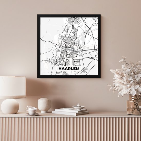 Affiche encadrée - Cadre photo 40x40 cm - Posters - Carte - Haarlem - Zwart - Wit - Cadre affiche noir - Décoration - Décoration murale salon - Décoration murale chambre