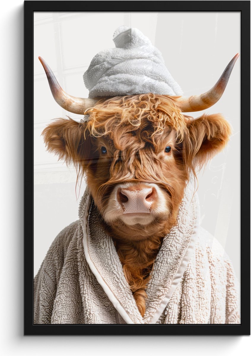FrameYourWall Poster in lijst - Fotolijst 40x60 cm - Posters - Schotse hooglander - Badjas - Koe - Dieren - Posterlijst zwart - Wanddecoratie badkamer - Muurdecoratie WC - Decoratieve accessoires - Toilet muur decoratie