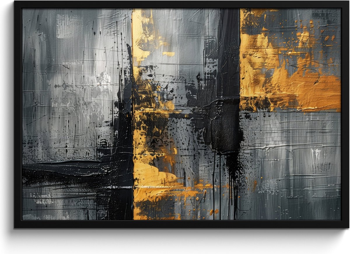 FrameYourWall Poster in lijst - Fotolijst 90x60 cm - Posters - Modern - Goud - Grijs - Patroon - Posterlijst zwart - Decoratie - Wanddecoratie woonkamer - Muurdecoratie slaapkamer