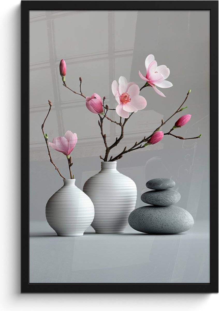 FrameYourWall Poster in lijst - Fotolijst 40x60 cm - Posters - Magnolia - Bloemen - Roze - Zen stenen - Posterlijst zwart - Wanddecoratie badkamer - Muurdecoratie WC - Decoratieve accessoires - Toilet muur decoratie Bloemen - Vaas