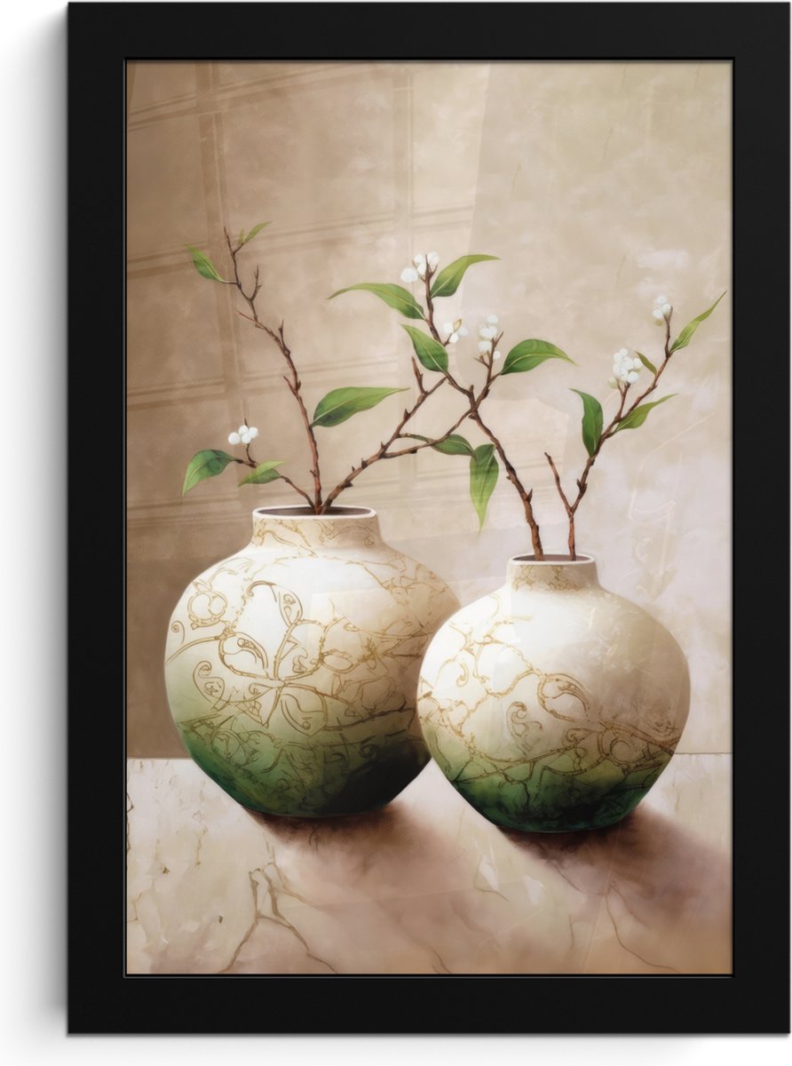 FrameYourWall Poster in lijst - Fotolijst 20x30 cm - Posters - Bloemen - Vaas - Wit - Botanisch - Beige - Posterlijst zwart - Wanddecoratie badkamer - Muurdecoratie WC - Decoratieve accessoires - Toilet muur decoratie Beige - Vazen