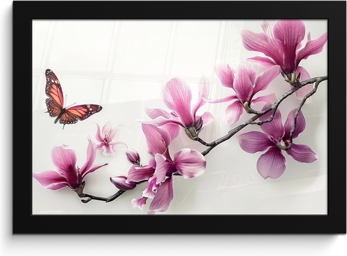 FrameYourWall Poster in lijst - Fotolijst 30x20 cm - Posters - Bloesem - Vlinder - Roze - Natuur - Wit - Posterlijst zwart - Wanddecoratie badkamer - Muurdecoratie WC - Decoratieve accessoires - Toilet muur decoratie Bloem - Vlinder