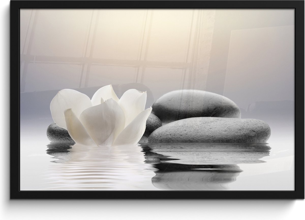 FrameYourWall Poster in lijst - Fotolijst 60x40 cm - Posters - Stenen - Lotus - Wit - Water - Zen - Posterlijst zwart - Wanddecoratie badkamer - Muurdecoratie WC - Decoratieve accessoires - Toilet muur decoratie Stenen - Bloem