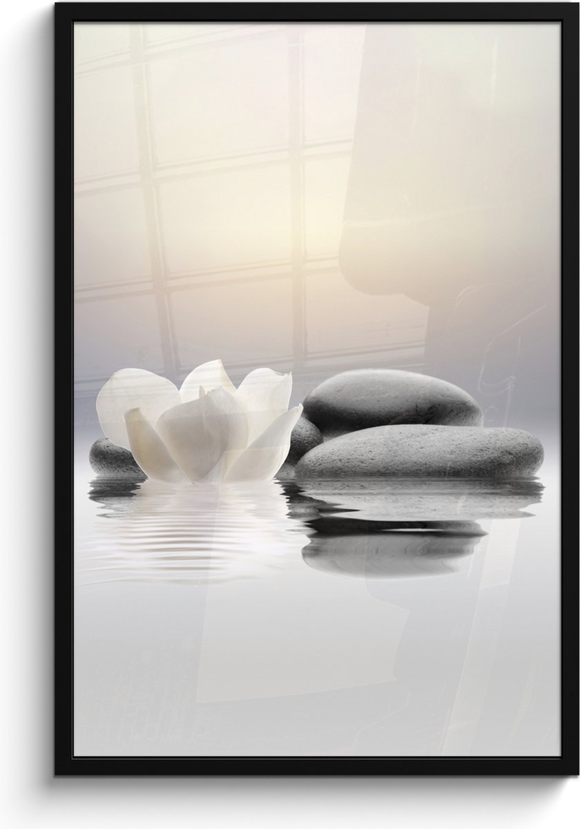 FrameYourWall Poster in lijst - Fotolijst 60x90 cm - Posters - Stenen - Lotus - Wit - Water - Zen - Posterlijst zwart - Wanddecoratie badkamer - Muurdecoratie WC - Decoratieve accessoires - Toilet muur decoratie Stenen - Bloem