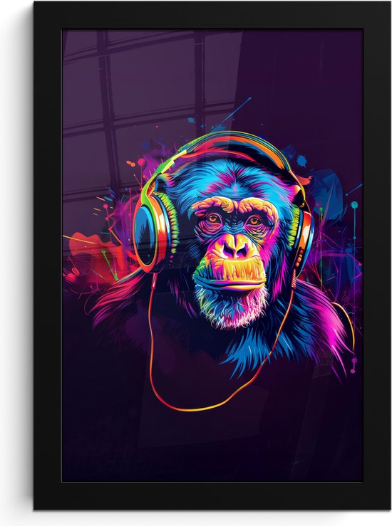Affiche sous cadre - Cadre photo 20x30 cm - Posters - Singe - Casque audio - Musique - Coloré - Cadre affiche noir - Décoration murale pour chambre ado - Décoration chambre ado - Accessoires chambre ado jeunesse
