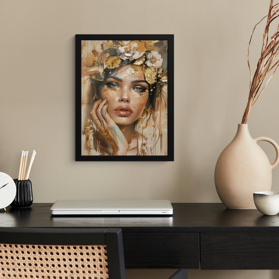 Affiche sous cadre - Cadre photo 30x40 cm - Posters - Femme - Fleurs - Or - Portrait - Cadre affiche noir - Décoration - Décoration Décoration murale salon - Décoration murale chambre