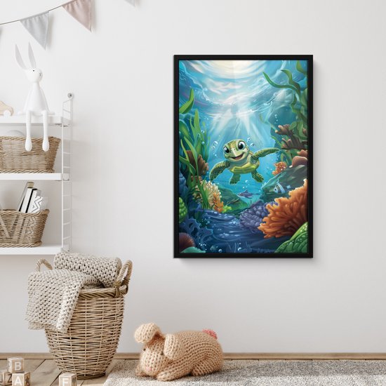 Poster in lijst - Fotolijst 60x90 cm - Posters - Schildpad - Zeedieren - Onderwater - Zeewier - Posterlijst zwart - Kamer decoratie - Wanddecoratie kinderkamer - Muurdecoratie babykamer