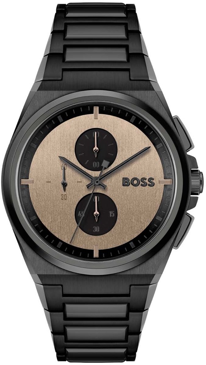 BOSS HB1514043 STEER CHRONO Heren Horloge - Chronograaf - Mineraalglas - Staal - Zwart - 44 mm breed - Quartz - Vouw-Vlindersluiting - 5 ATM (douchen)