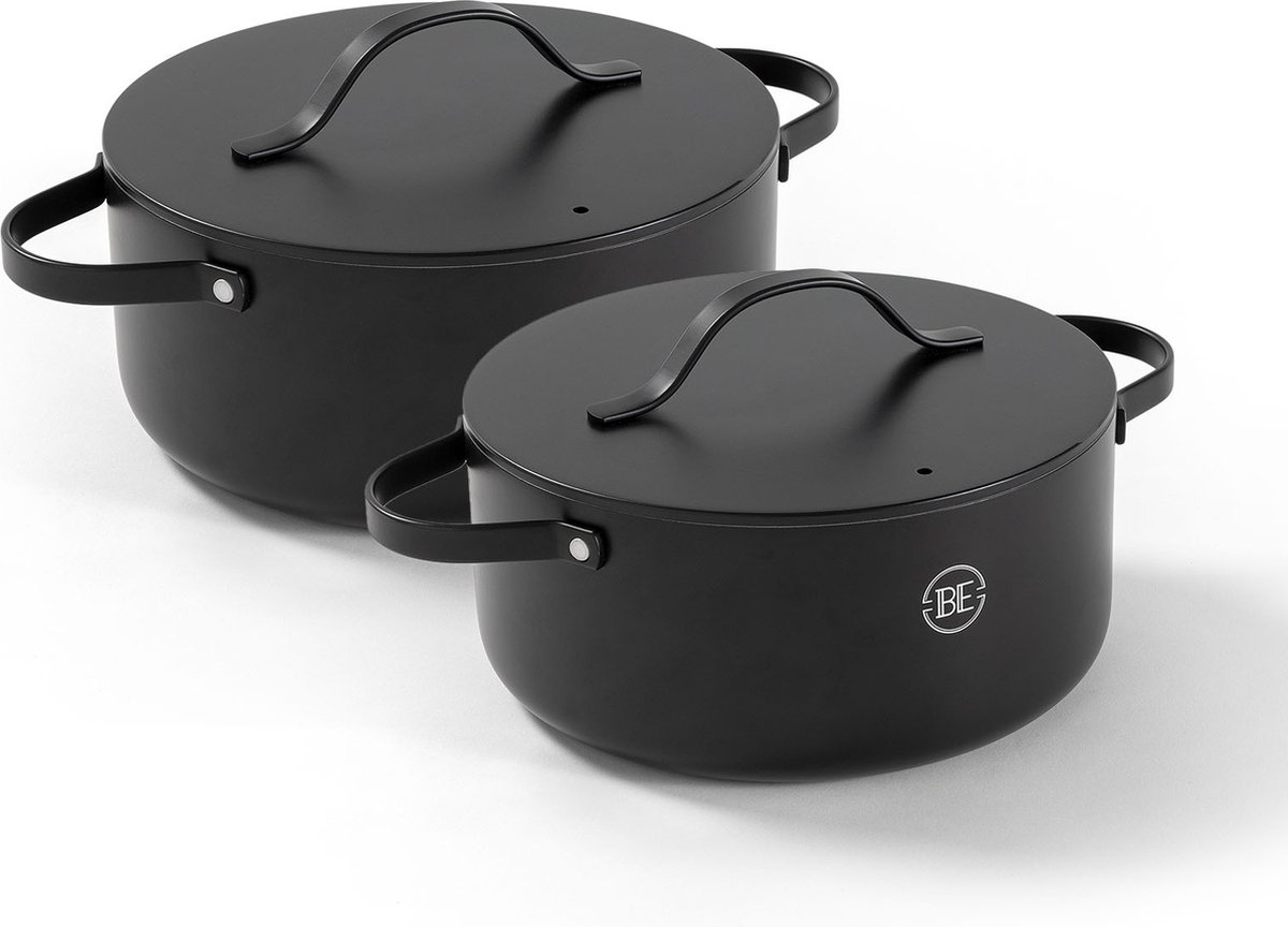 BE Living 2-delige Braadpannenset - Ø 24 & 28 cm - Stoofpan - Stoofpot - Kookpan - Keramisch - PFAS Vrij Anti Aanbak - Inductie Pannen - Zwart - Essential Series