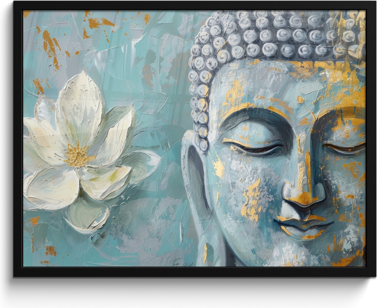 FrameYourWall Poster in lijst - Fotolijst 80x60 cm - Posters - Boeddha - Bloem - Lotus - Goud - Blauw - Posterlijst zwart - Decoratie - Wanddecoratie woonkamer - Muurdecoratie slaapkamer Boeddha - Blauw