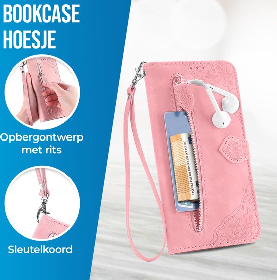 Coque adaptée pour iPhone 16 - Bookcase - Cordon - Porte-cartes - Portefeuille - Motif fleurs - Simili cuir - Rose