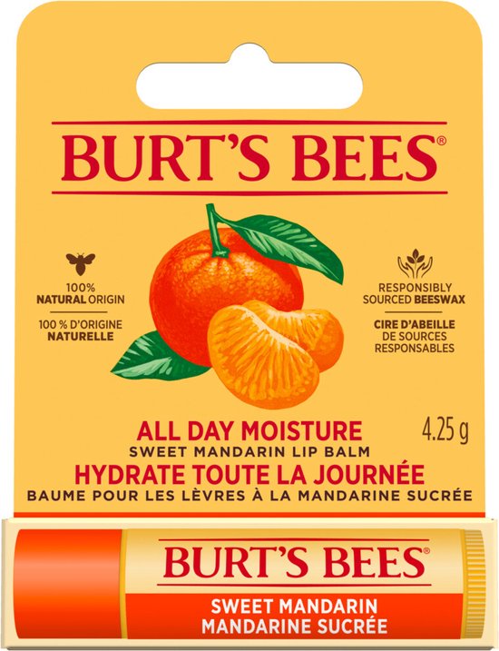 Burt's Bees Sweet Mandarin lippenbalsem in oranje verpakking met afbeelding van mandarijn. 4,25g.