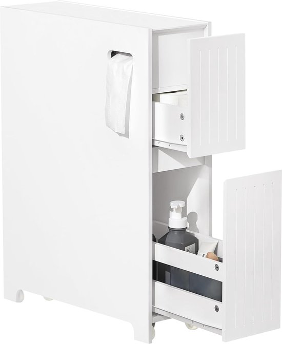 kleankin Toilet Paper Storage Cabinet with Sliding Doors, Multiple Compartments, Wheels, Toilet Furniture, 52 x 17 x 67 cm, White