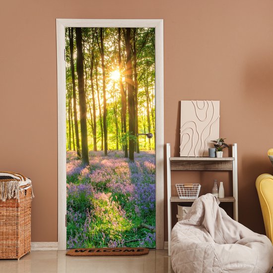 Poster de porte - Fleurs - Forêt - Printemps - Vert - Sticker de porte - Porte Papier peint photo - Décoration de porte - Autocollant autocollant - Chambre - 80x205 cm - Salon - Toilettes - Salle de bain
