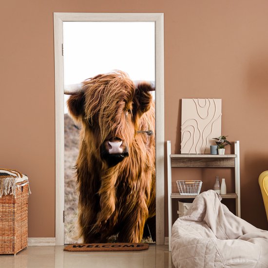 Sticker pour porte Scottish Highlander - Paysage - Vache - Marron - Animaux - Nature - 95x215 cm - Door Poster