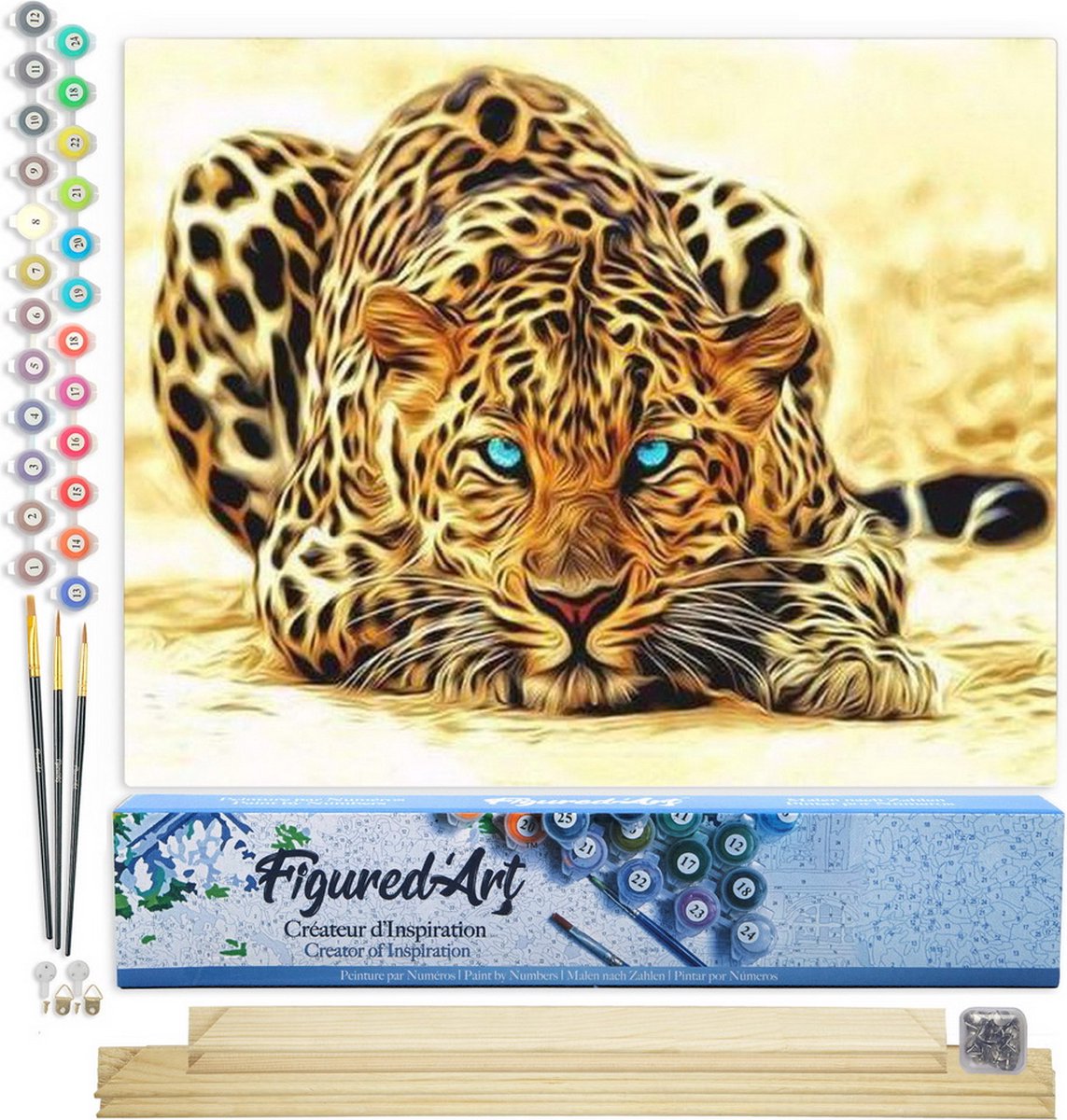 Figured'Art Schilderen op Nummer Volwassenen canvas Panter met blauwe ogen - Handwerk acrylverf Kit DIY Compleet - 40x50cm met DIY houten lijst