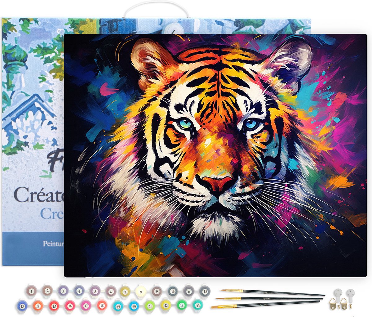 Figured'Art Schilderen op Nummer Volwassenen met lijst Kleurrijke Abstracte Tijger- Handwerk acrylverf Kit DIY Compleet - 40x50cm Canvas al ingelijst