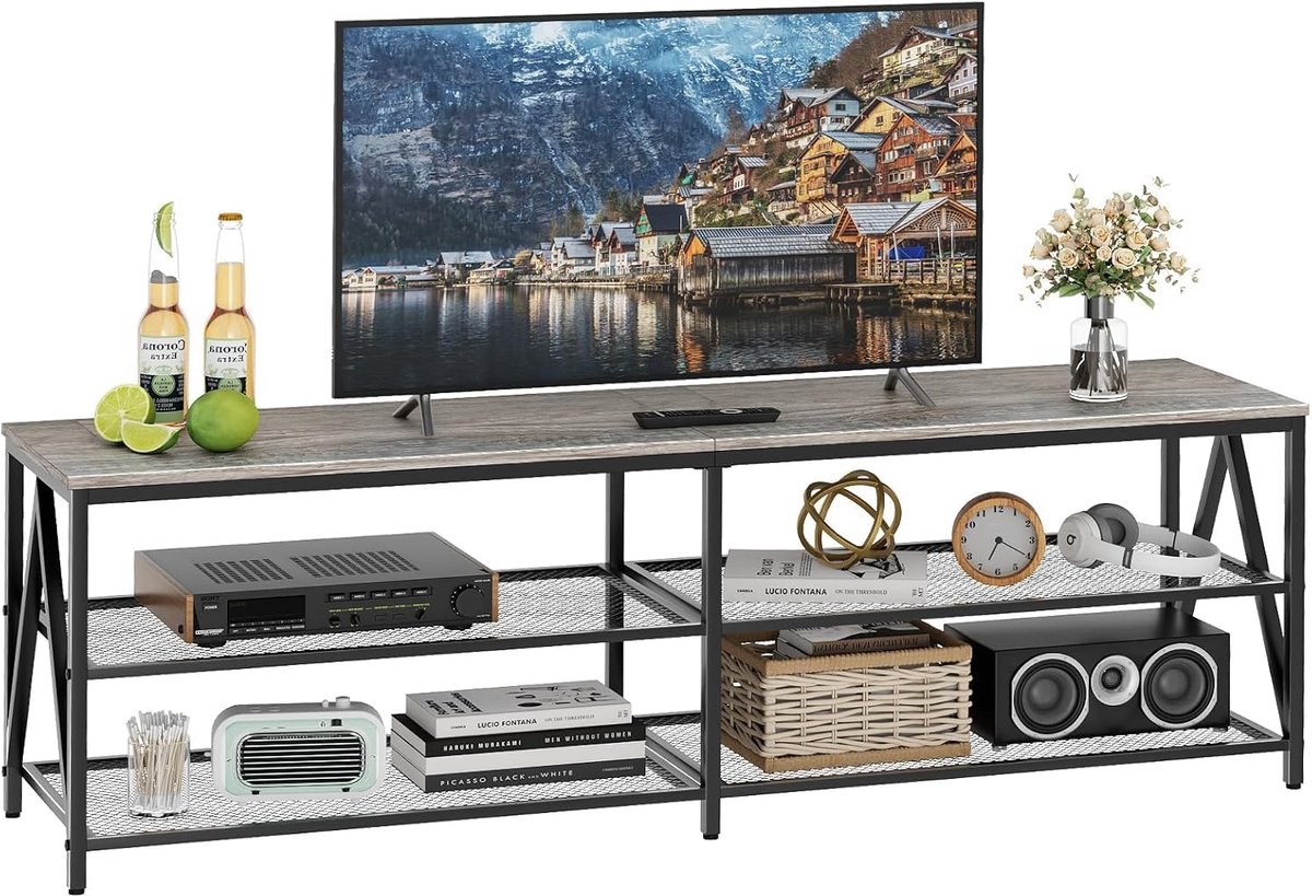 JGS® - TV-meubel in Industrieel Design, Geschikt voor TVs tot 70 Inch, met Ruime Opslag, Stalen Frame, 160X40X50cm, Grijs