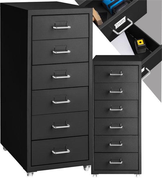 tectake® Metalen Rolcontainer | Kantoormeubel voor Bureau | Bureau-organizer met 6 Laden | Ladekast 41x28x69 cm - Zwart