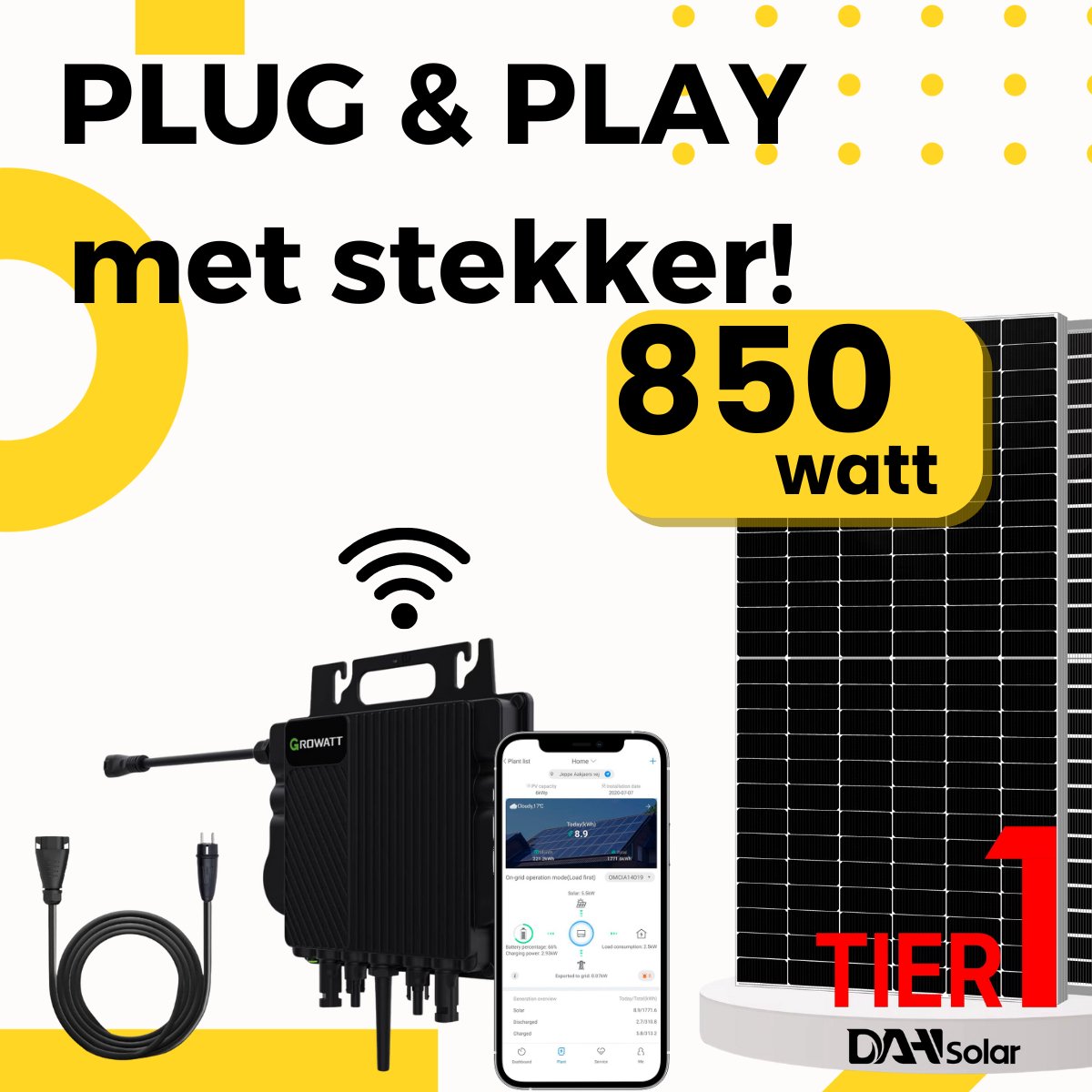 Zonnepanelen met stekker - 850 watt - met wifi - 2 trackers - dubbel glas paneel - tier 1