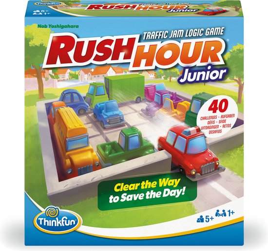 Boxart van het Rush Hour Junior spel, met een verkeersopstopping van gekleurde auto's en vrachtwagens.