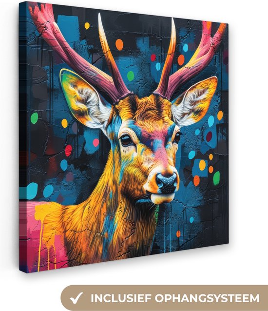 Peinture sur toile 90x90 cm - Décoration murale Graffiti - Cerf - Animal - Coloré - Décoration murale murale salon - Décoration chambre - Accessoires de chambre - Peintures