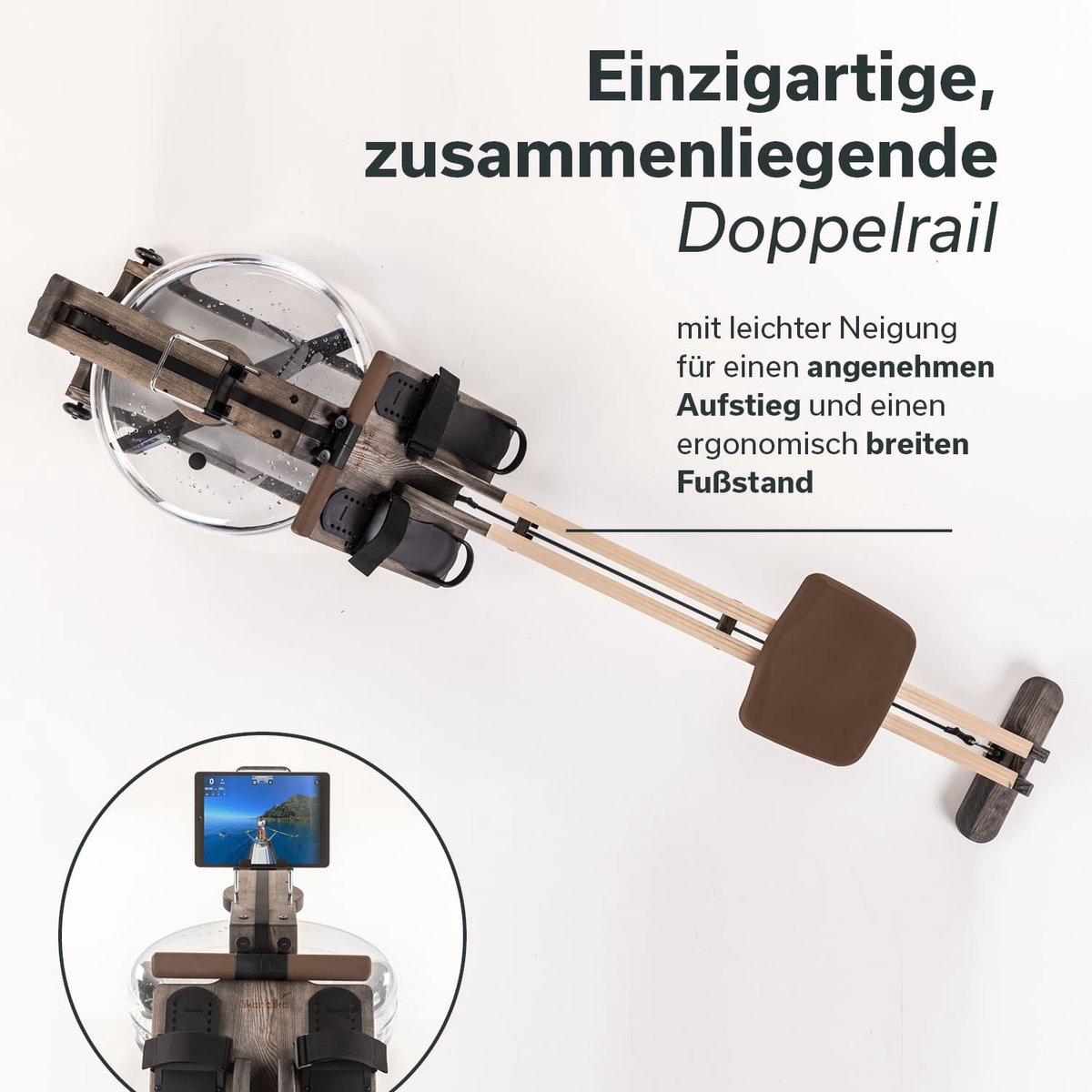 Afbeelding 3 van Skandika Styrke Waterroeitrainer – Roeitrainers – Roeiapparaat Fitness – Ontworpen en Gemaakt in Duitsland, roeier van hout, Kinomap app functie – Max. Gebruikersgewicht 180 kg - 211 x 54 x 68 cm (LxBxH) – Made in Germany – zwart hout/bruin