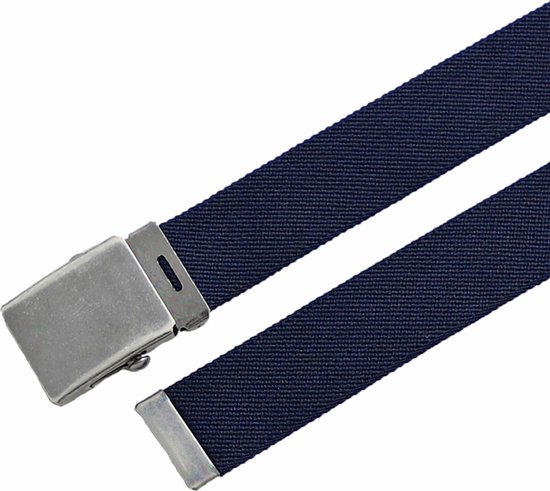 Donkerblauwe canvas riem met metalen gesp.
