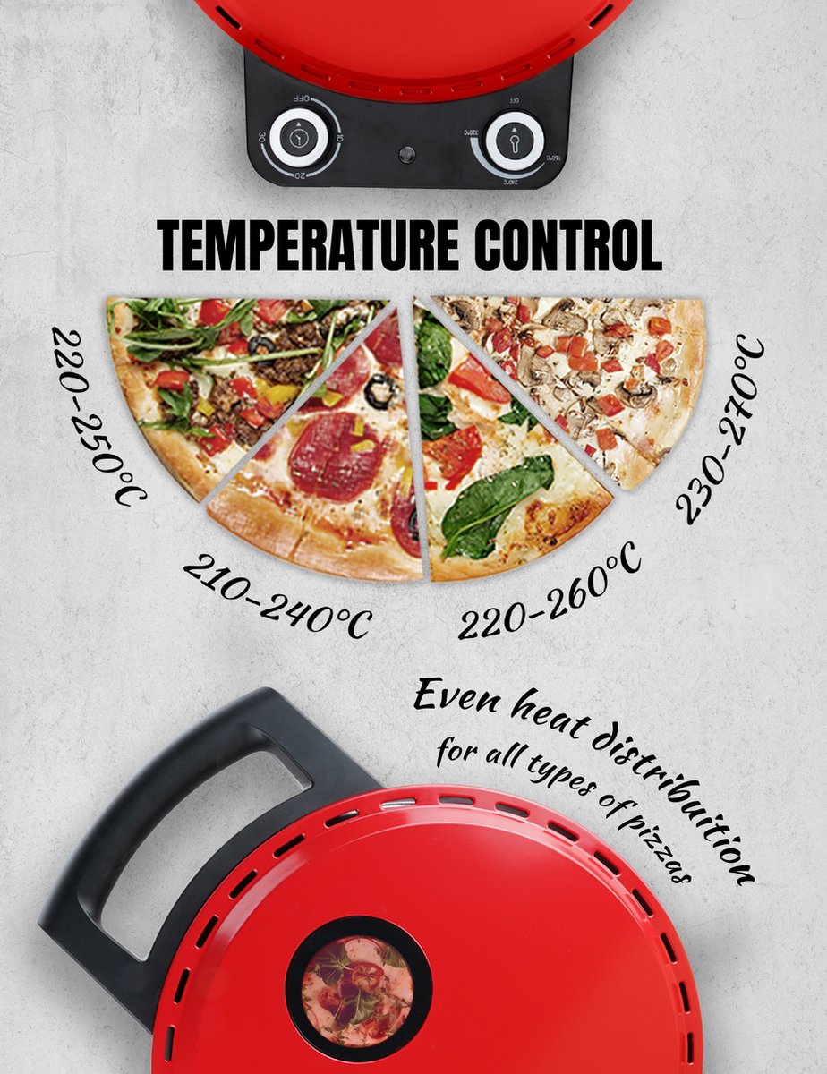 Bestron Turbo Pizzaoven voor pizza's in 5-10 minuten, elektrische pizzaoven met echte maximumtemperatuur van 320°C, inclusief pizzasteen en 2 grote houten spatels, Viva Italia, kleur: Rood – foto 3